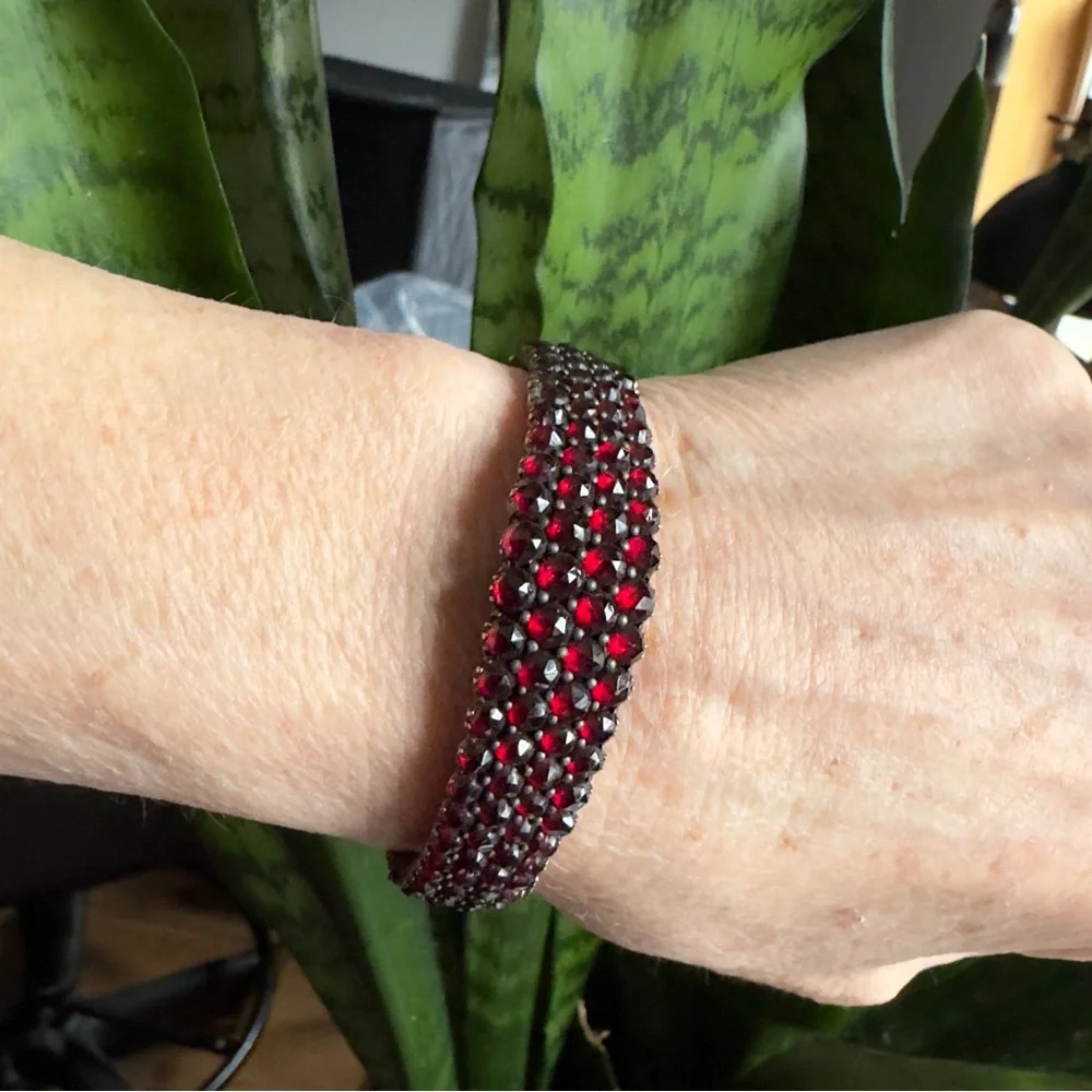 Antique Sterling bohemian Garnet Hinge Bracelet - Picture 7 of 9